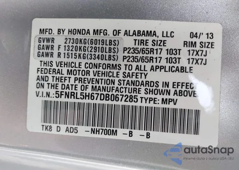 2013 Honda Odyssey Ex-L из США, поврежденный, VIN 5FNRL5H67DB067285